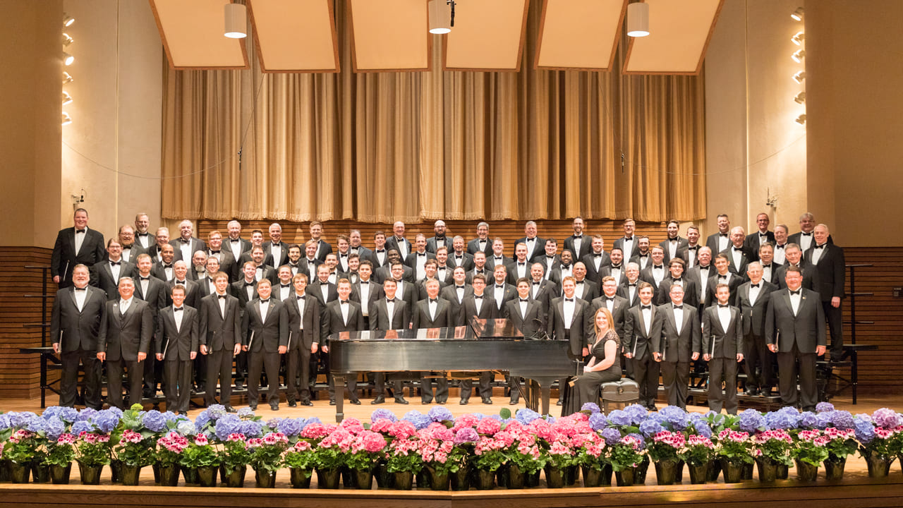 Baldwin Wallace Men's Chorus Group Photo in Performance Hall with Accompanist