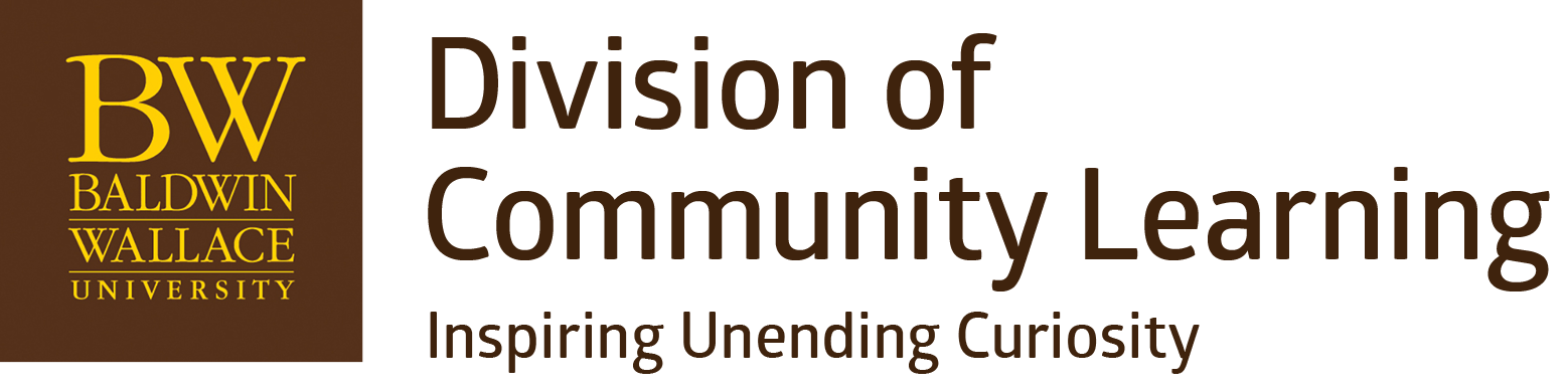BW Baldwin Wallace University Division of Community Learning Logo with Inspiring Unending Curiosity Motto